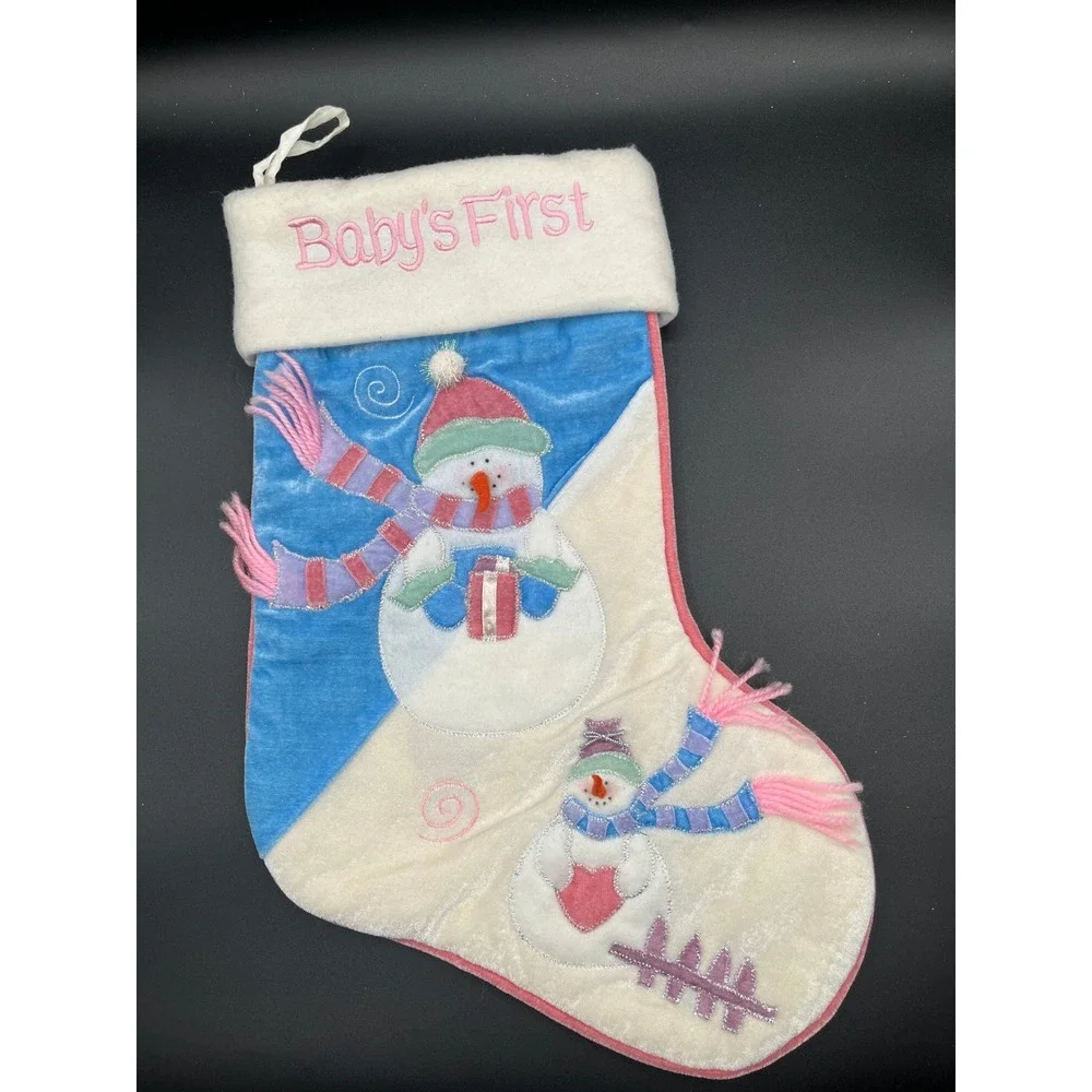 Babys First Christmas Snowman Stocking Plush Velvet Pink Blue White 17
